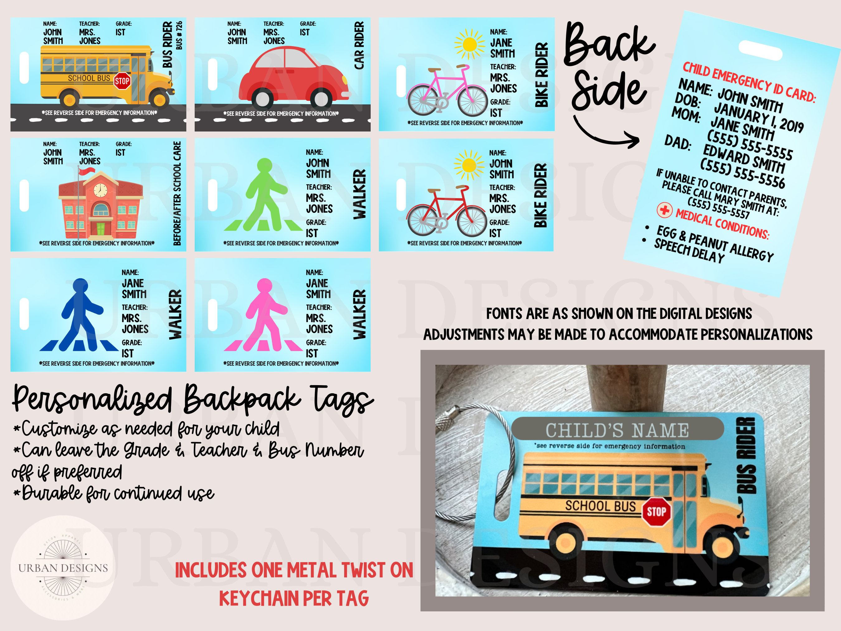 Personalized Backpack Tag, Back to School, Backpack Tags, Student Tag, Bus Rider, School Items, Emergency Tag, Emergency Contact Information
