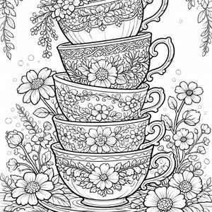 Puede incluir: Ilustración en blanco y negro de una pila de tazas de té con diseños florales. Las tazas están intrincadamente decoradas con flores y patrones. La imagen está rodeada de elementos florales, creando una composición delicada y detallada.
