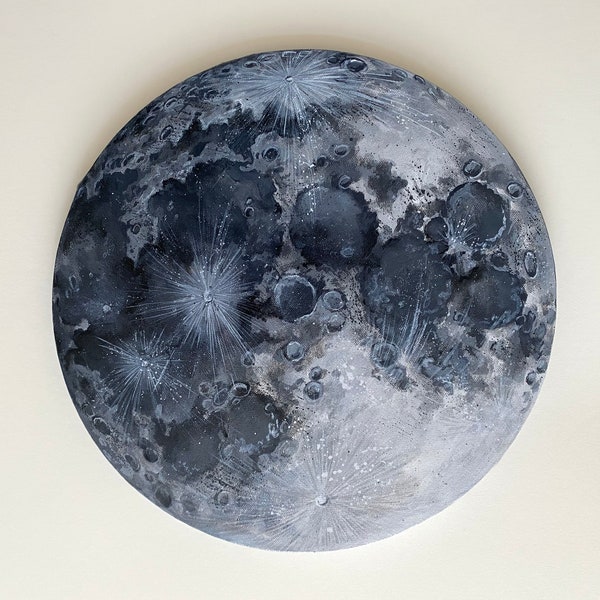 Celestial Art: Hand-Painted Full Moon - Round Canvas