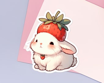 Cute Happy Bunny with Strawberry Hat Sticker