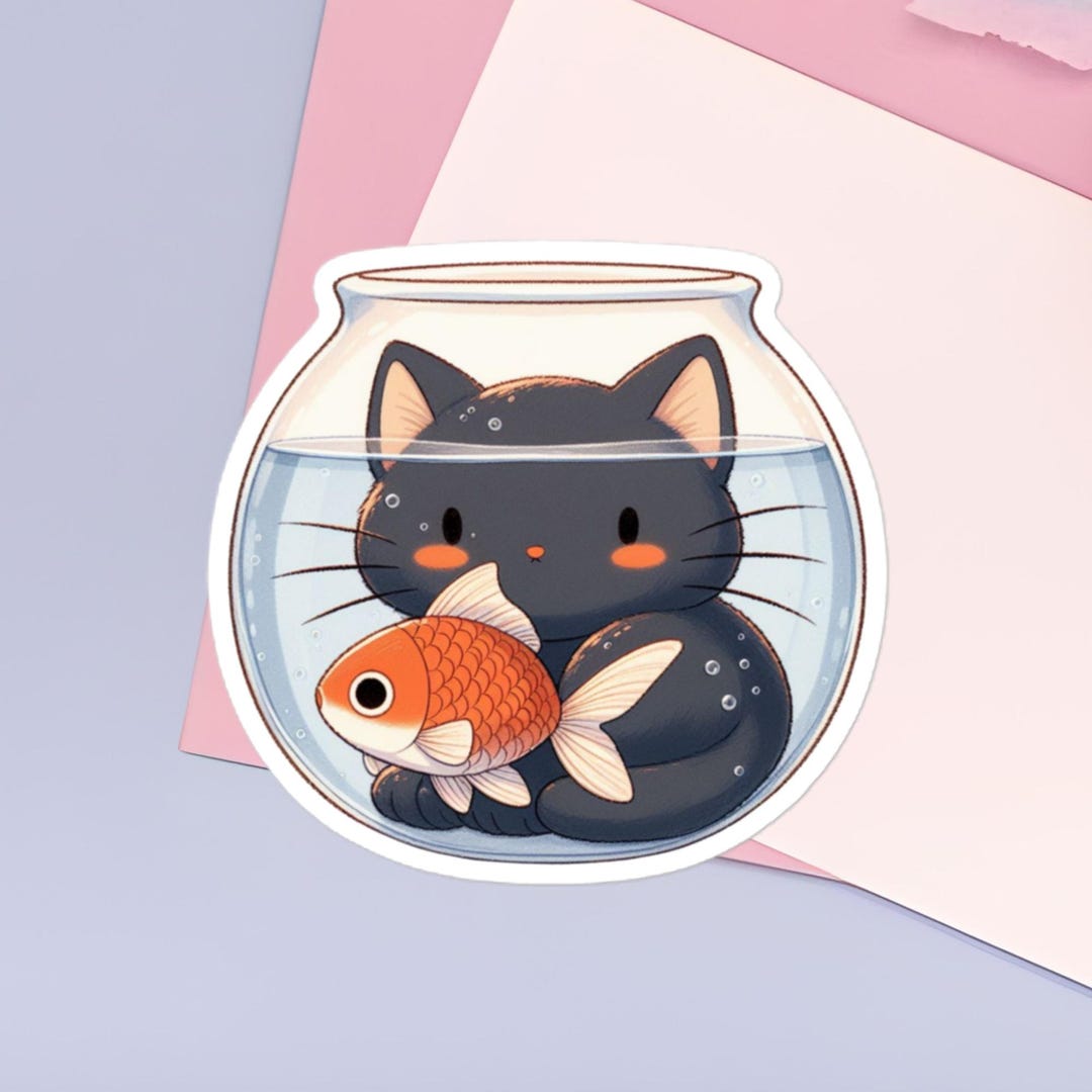 Minimalist Style Cat in a Fishbowl With Goldfish Vinyl Sticker | Cute ...