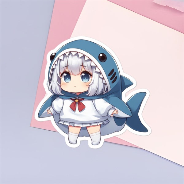 Adorable Chibi Anime Girl White Hair and Blue Shark Costume Sticker