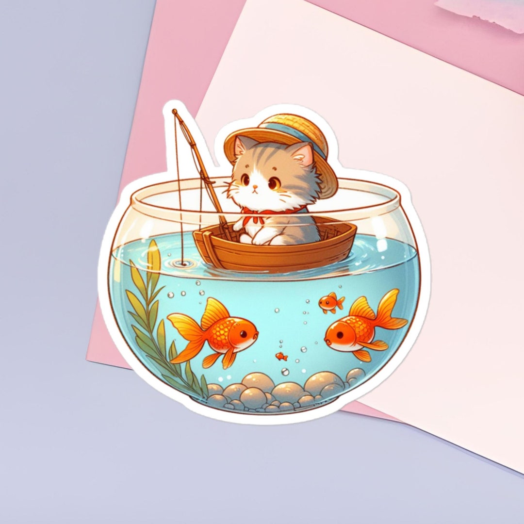 Tiny Cat in a Boat Fishing Inside a Fish Bowl Sticker - Etsy