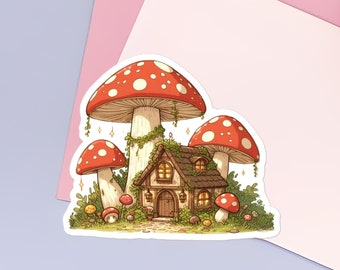 Cottage fantastique entouré de champignons Sticker