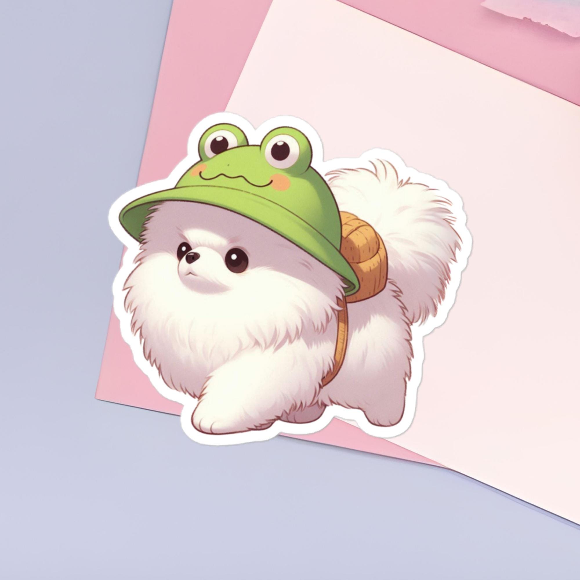 Traveling White Pomeranian with Froggy Hat and Backpack Vinyl Sticker