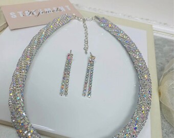 collar de mujer / gargantilla ab Conjunto de joyas pendientes de cristal de pedrería conjunto de collar de plata ab conjunto de cuerda cristales de pedrería grueso bling elegante