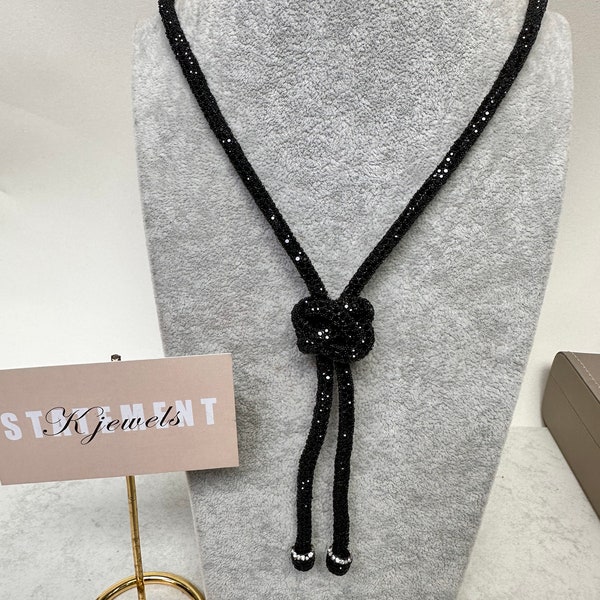 Women necklace  long necklace black crystal rhinestones knot new necklace Jewelry black long necklace with hoop earrings