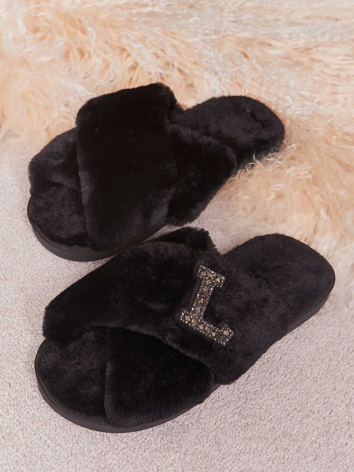 black fluffy mule slippers