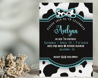 Cow Print Birthday Invitation Template, Editable Cowgirl Party Invite, Turquoise Cowgirl Birthday Invitation Template