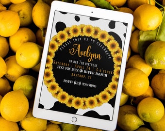 Sunflower Cowgirl Birthday Invitation Template, Western Cow Print Birthday Invitation Download, Yellow Cow Bday Invite