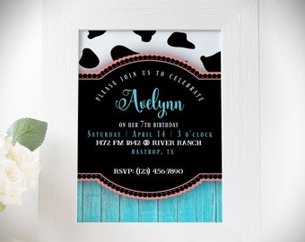 Cow Print Invitation Template, Editable Cow and Turquoise Birthday Invitation, Cowgirl Birthday Invite, Cow Baby Shower
