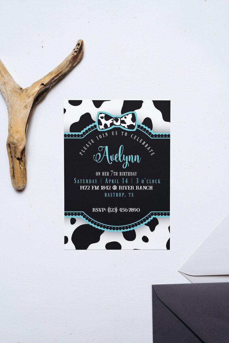 Cow Print Birthday Invitation Template, Editable Cowgirl Party Invite, Turquoise Cowgirl ...