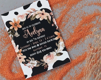 Boho Cow Birthday Invitation Template, Editable Cowhide Invitation, Coral Cow Print Baby Shower Invite Template Download