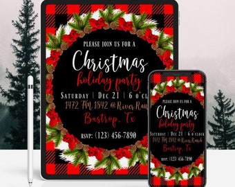 May include: A digital invitation for a Christmas holiday party, displayed on a tablet and a smartphone. The design features a red and black buffalo plaid border, a wreath of greenery and red flowers, and the party details in white script.