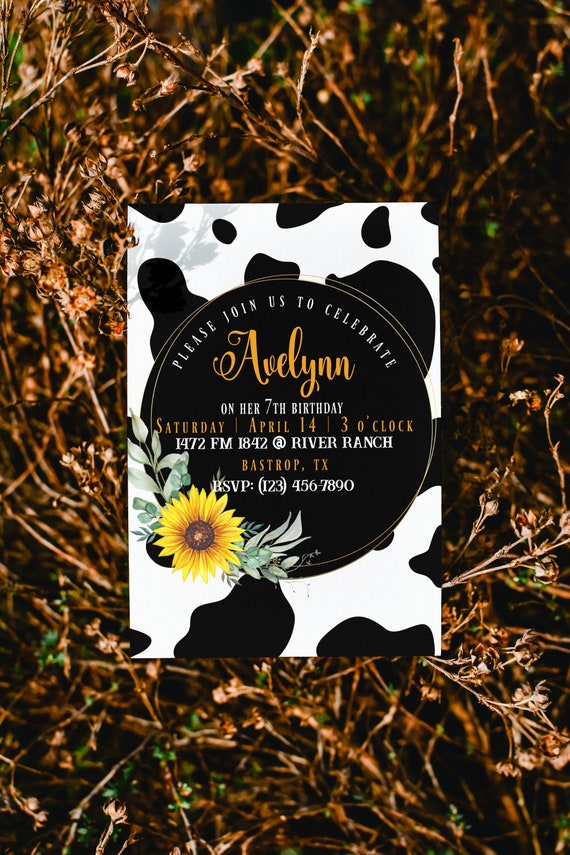 Cow Print Invitation Template, Cow and Sunflower Invitation Download, Cowprint Birthday Invites, Sunflower Birthday