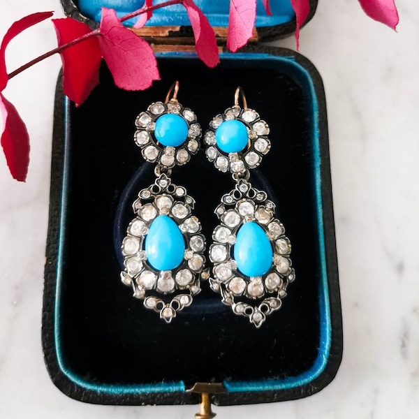 Boucles d'oreilles pendantes anciennes victoriennes pierres de Rhin argent sterling or 18k pierre façon turquoise diamond paste night day