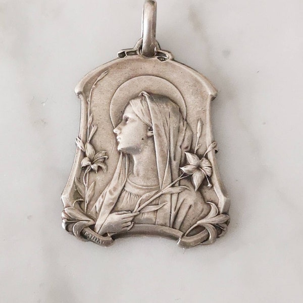 Old Edwardian religious medal Holy Virgin Mary signed Tairac sterling silver Art Nouveau