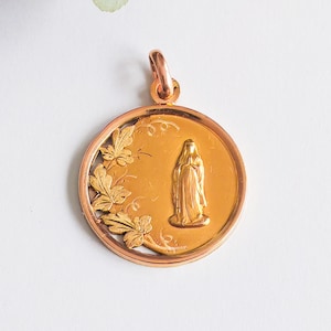 Old Edwardian religious medal Virgin Mary FIX maison Savard engraved brass lined with 18k gold France Art Nouveau Belle Epoque