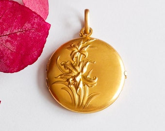 Alter edwardianischer Medaillon-Fotohalter Oria-Lilienblüten aus Messing mit 18-Karat-Gold-Jugendstil-Frankreich