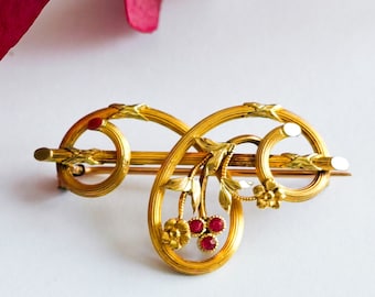 Old Edwardian brooch Oria flowers red rhinestones brass lined with 18k gold Art Nouveau France