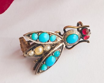 Antique Victorian brooch insect fly ruby turquoise pearls silver vermeil France