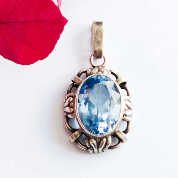 Pendantif ancien topaz bleu argent 835 Art Déco Allemagne 1930