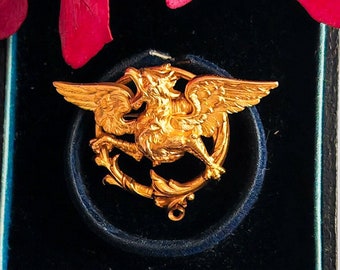 Old Edwardian chimera griffin brooch FIX maison Savard in 18k gold lined brass France Art Nouveau Belle Epoque
