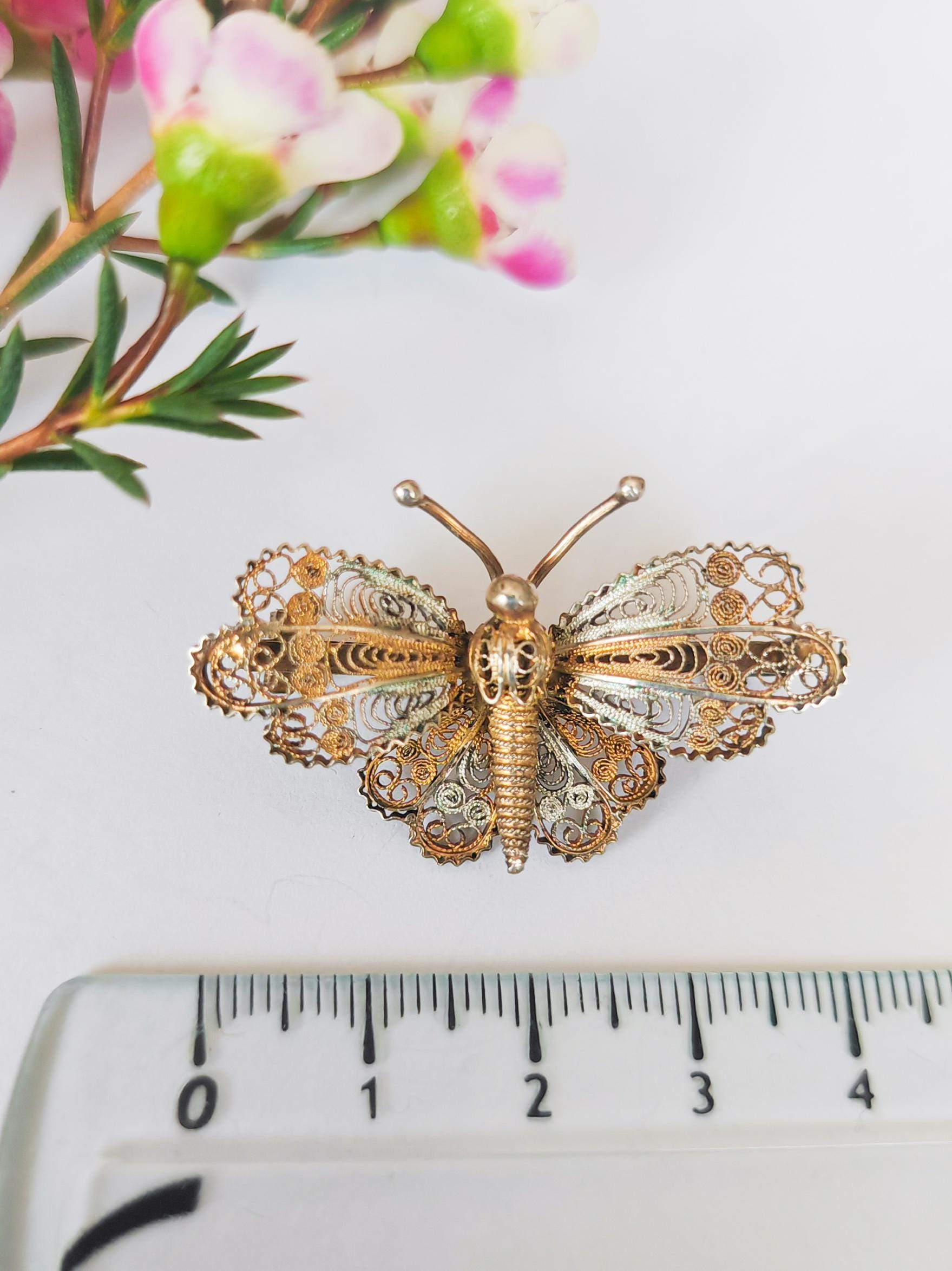 Broche Vintage Papillon En émail Filigrane Argent 800, 5,5g, Multicolore - Bijou Ancien Signé