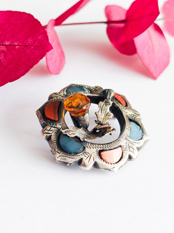 Broche ronde vintage victorienne ancienne en argent avec agate