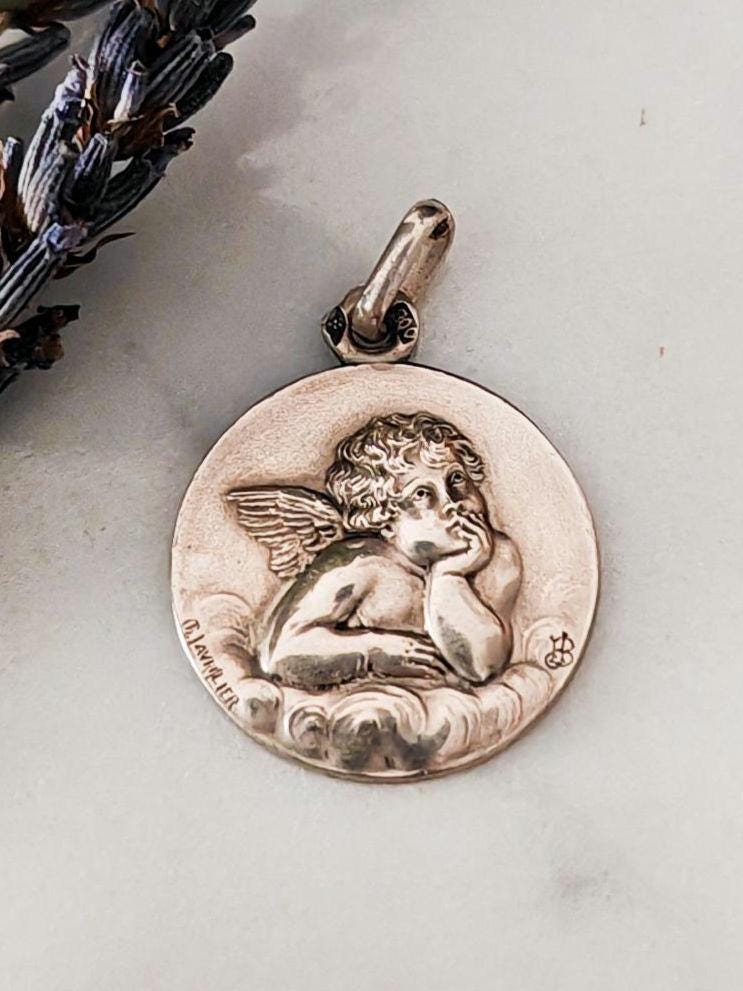 Médaille Adorable En Argent Sterling - Motif Angelots/cosmique En Relief - Vintage Années 70/80 - Occasion