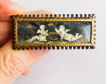 Old Victorian brooch in grisaille with cherubs putti cherubs cherubs sterling silver solid gold 18k France