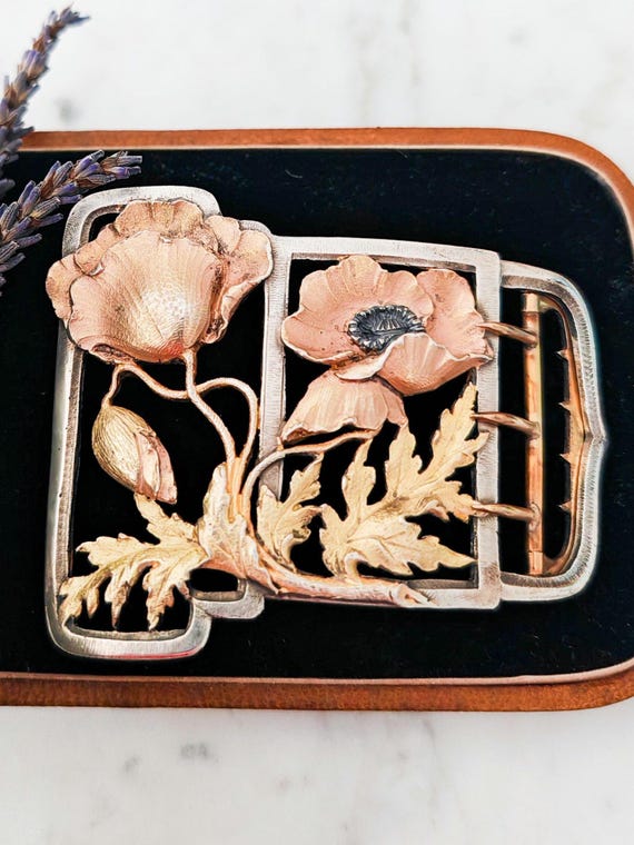 Vintage Art Nouveau Belt Buckle Antique Art Nouveau gilt brass buckle with enamel. buvc551  main image 2