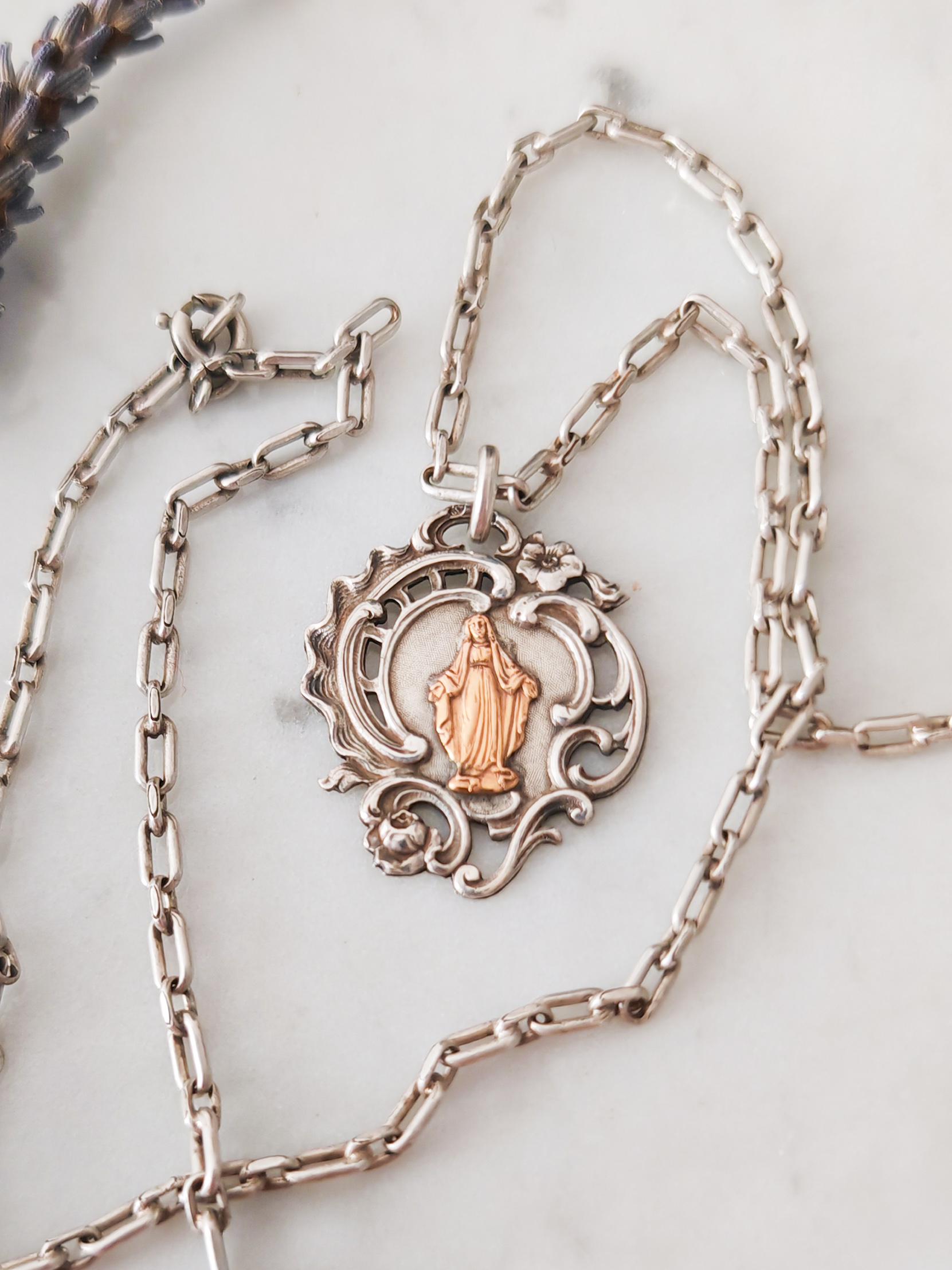 Médaille Religieuse Vierge Marie Or Rose 18k Victorienne (circa 1871) - Occasion, Collier Mi-long