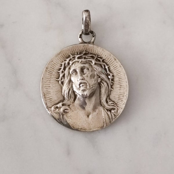 Old Edwardian religious medal Jesus Christ signed Émile Dropsy sterling silver France Art Nouveau