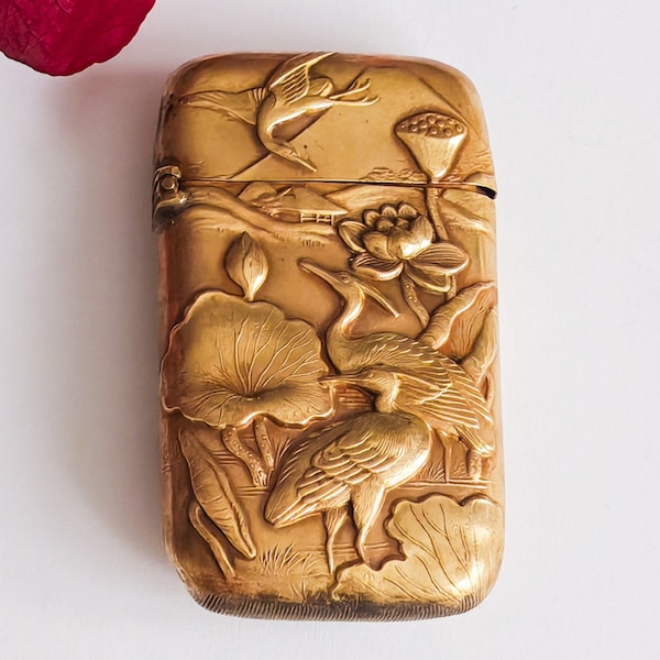 Pyrogenic old Victorian cranes Japanese embossed brass Meiji Japan match safe vesta case