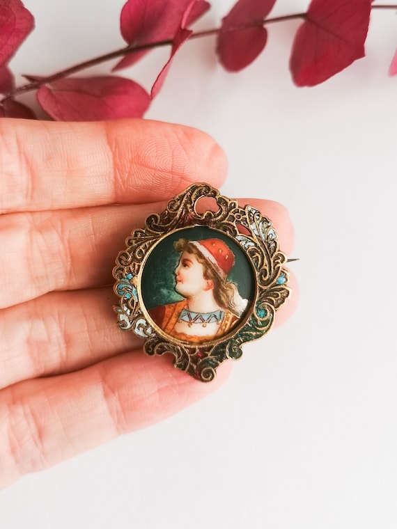 Broche ancienne victorienne porcelaine peint femm… - image 4