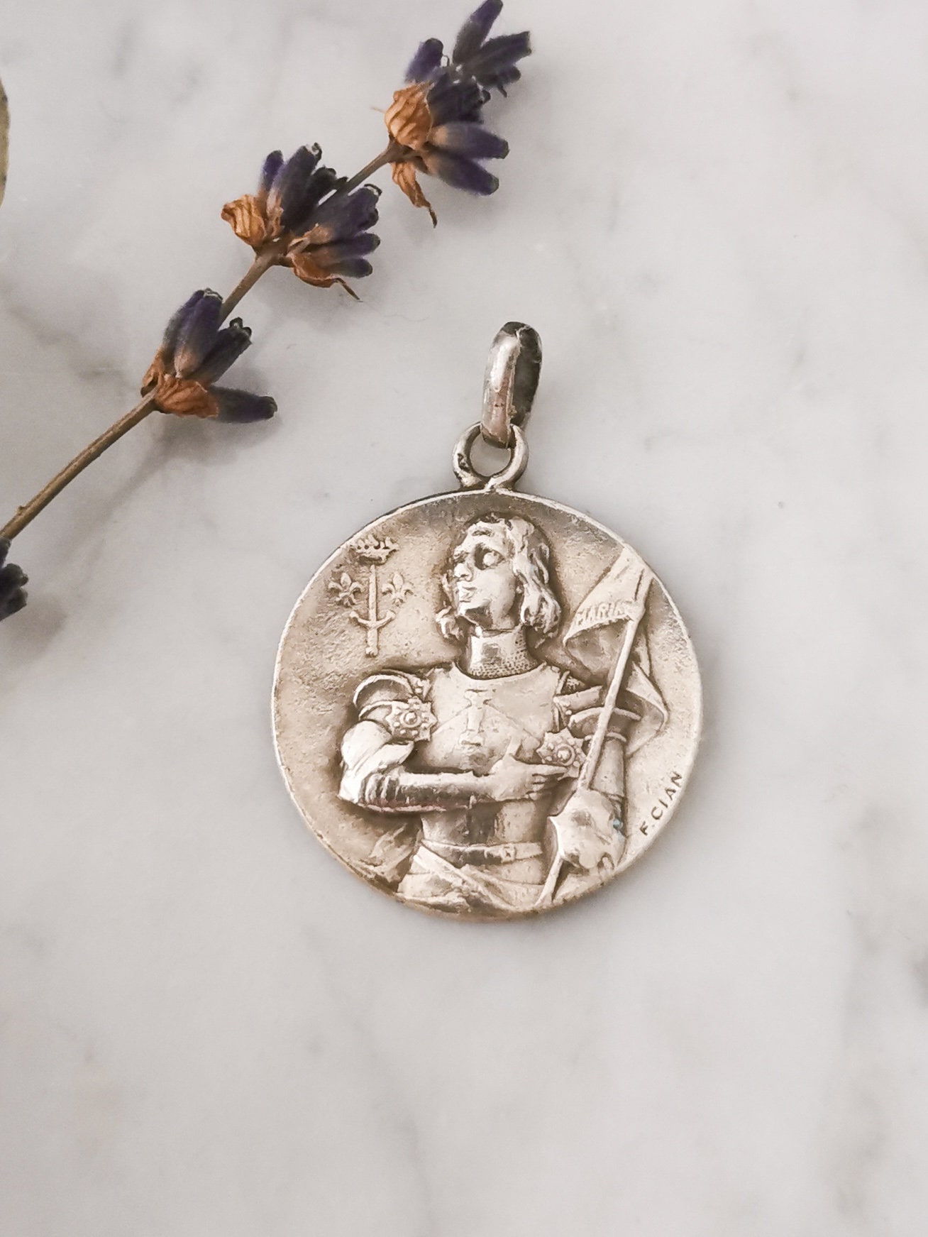 Antique Edwardian Joan of Arc Warrior Religious Medal Signed F