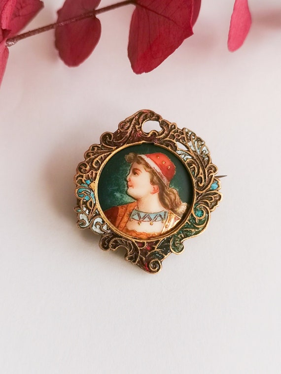 Broche ancienne victorienne porcelaine peint femm… - image 1