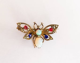 Antique Victorian brooch insect butterfly opal silver paste ruby saphire France Belle époque natural pearls sead pearls