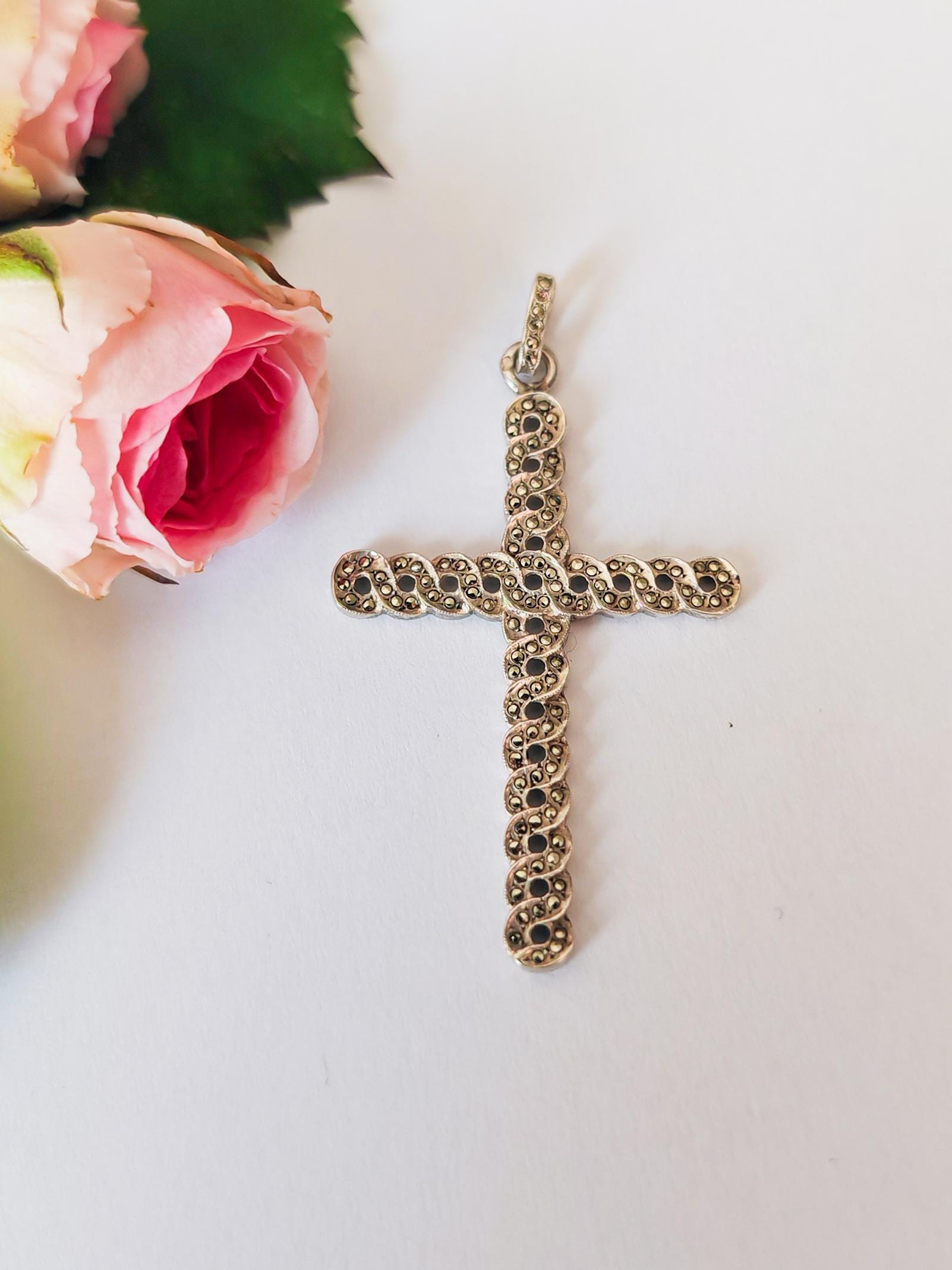 Pendentif Croix Argent 925 Avec Marcassites - Idéal Cadeau, Bon état