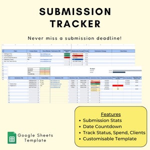 May include: A Google Sheets template for tracking submissions. The template includes sections for client information, submission details, deadlines, and status updates. The text "Submission Tracker" and "Never miss a submission deadline!" is displayed at the top of the template. The template is designed to help users manage and track their submissions effectively.
