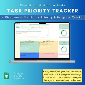 May include: A laptop displays a task priority tracker template. The screen shows an Eisenhower Matrix with sections for urgent, not urgent, do now, delegate, and delete tasks. Text on the screen includes "Task Priority Tracker" and "Google Sheets Template."