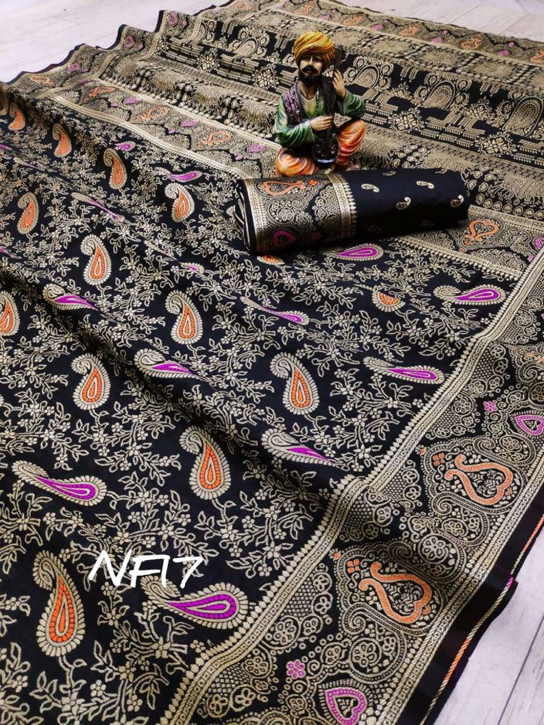 black saree Soft lichi silk saree and blouse for women,saree dress,indian saree,designer saree,wedding saree,traditional saree sari,saris