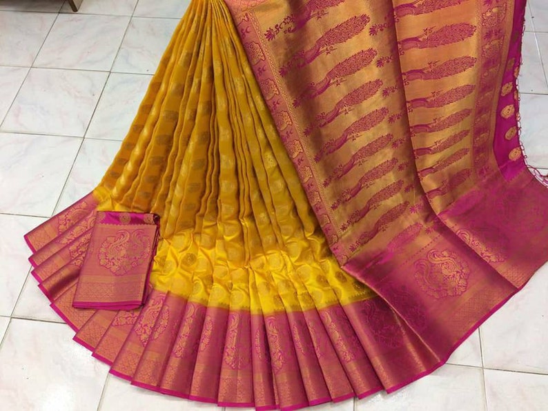 wedding saree Nylon silk with rich pallu Saree and blouse for women,s aree dress yellow saree Indian saree saris Saree for women sari
