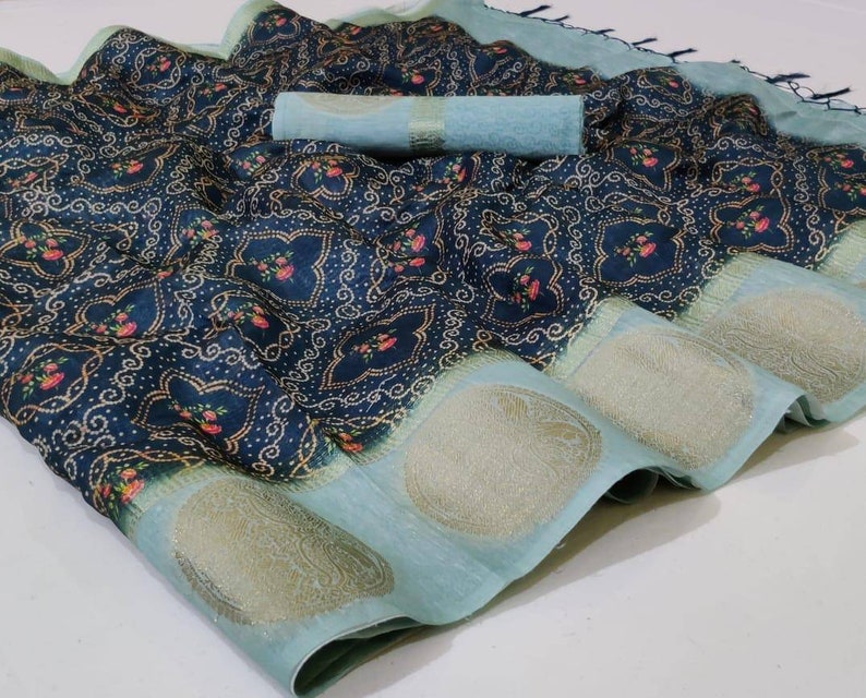 saree dress dress for women,traditional saree,saris indian saree Nevy blue Handloom Linen With Digital Printed saree and blouse for women