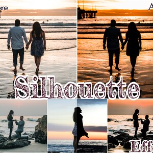 May include: A composite image showcasing a 'Before' and 'After' effect, with the word 'Silhouette' overlaid. The 'Before' image shows a couple walking on a beach. The 'After' image is a silhouette of the couple. Additional images show a proposal.