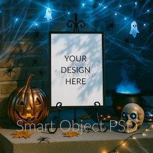 Mockup | Halloween Porch Sign | Pumpkin, Cauldron & Skull Scene | PSD Smart Object | Poster Display Automatic Image Placement A DIN