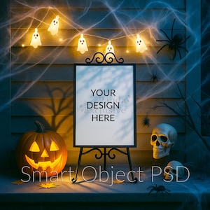 Mockup | Halloween Ghost Garland Sign | Jack-o-Lantern, Web & Skull Porch Scene | PSD Smart Object Poster Display Automatic Placement A DIN