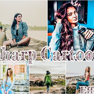 May include: A collage of five images with a stylized, artistic effect. The text "Sharp Cartoon Effect" is overlaid on the images. The images feature people in various outdoor settings, including a woman sitting on a stone wall and another holding a coffee cup.