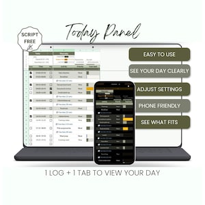 May include: A digital planner interface titled Today Panel displayed on a laptop screen and a smartphone. The spreadsheet layout features columns for time, activity, priority, and task load. Dark green buttons list features: Easy to use, See your day clearly, Adjust settings, Phone friendly, See what fits. Text at the bottom reads: 1 log + 1 tab to view your day.